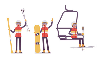 Sporty young man enjoys winter outdoor activities on resort. Guy having active holiday, ski, snowboard fun, wintertime recreation. Vector flat style cartoon illustration isolated, white background