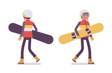 Sporty man carrying snowboard equipment, winter outdoor activities on ski resort. Guy having active holiday, wintertime tourism, fun. Vector flat style cartoon illustration isolated, white background