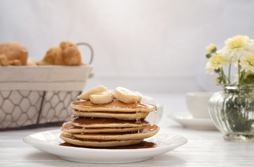 pancakes on wooden table, closeup