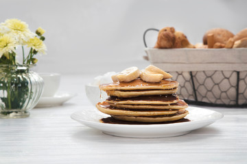 pancakes on wooden table, closeup