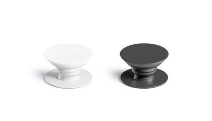 Blank black and white phone pop socket mockup set, isolated, 3d rendering. Empty glue accessory...