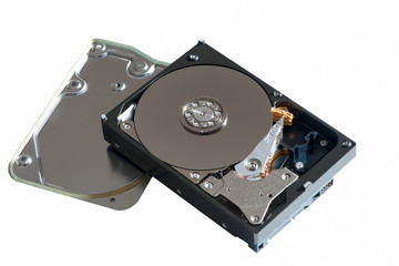 Inside the hard drive from the computer. Part of computer p c, laptop.Hard disk on a white background.