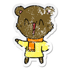 distressed sticker of a happy bear cartoon