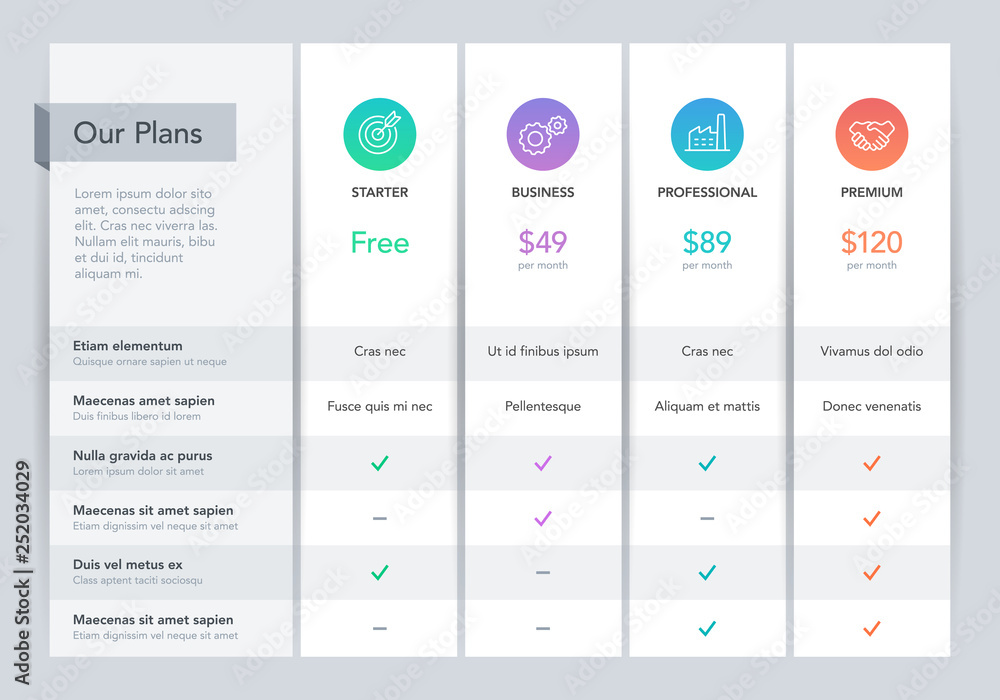Poster Modern pricing comparison table with four subscription plans and place for description. Flat infographic design template for website or presentation.