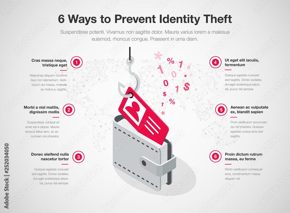Poster simple infographic for 6 ways to prevent identity theft template isolated on light background. easy 