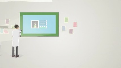 Cartoon animation of scientists in white coats looking at projector screen and writing data, scientific studies concept. Rear view of the doctors collecting and noticing information in the laboratory.