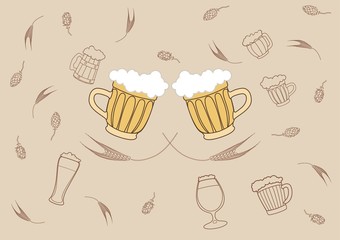 Vector image of two Beers. Drinks with a large foam cap.against the hops and malt.