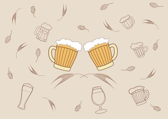 Vector image of two Beers. Drinks with a large foam cap.against the hops and malt.