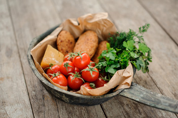 Delicious traditional georgian dish Mchadi in the pot on the wooden table