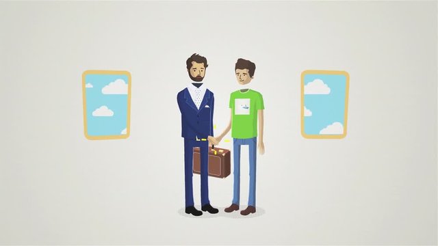 Cartoon animation of the men shaking hands in the apartment in front of windows, making a deal concept. Handshaking between businessman with suitcase and teenager.