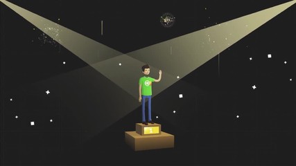 Successful young man standing on abstract pedestal on black background with photoflashes, fireworks and sophits, cartoon animation. Winner boy on pedestal waving his hand.