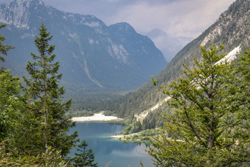 View of Lake Predil (Lago del Predil) from Predil pass at the border of Italy and Slovenia, Julian Alps.