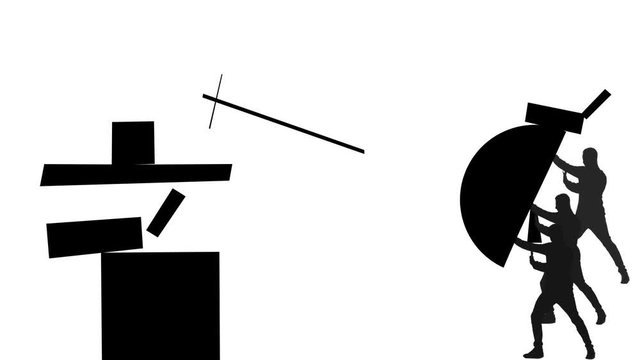 Black man silhouettes dancing among geometrical figures on white background. Suprematism art style with three abstract men in action, monochrome.