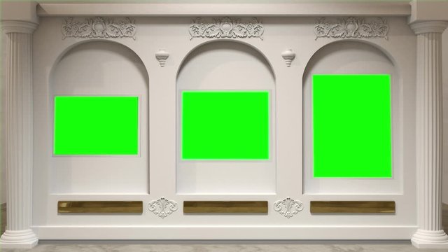 Art gallery with arcs in the wall and the chromakey spaces instead of paintings. Green screens on the wall at the museum.
