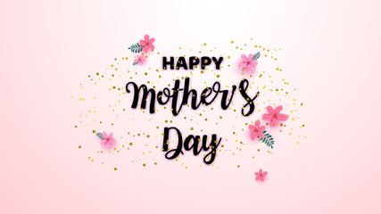 Mother's day greeting card with blossom and gold glitter . Vector illustration EPS10.