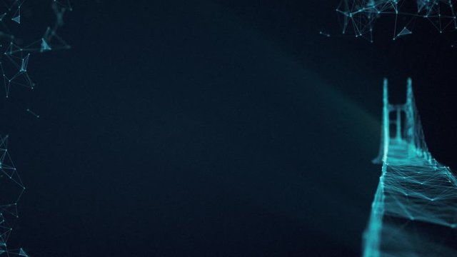 Neon green lines in a shape of a bridge on dark blue background, communication network and infrastructure concept. Abstract neon link, connection appearing as a bridge.