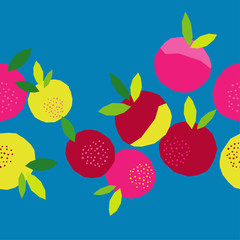 Seamless vector background with decorative colorful apples with leaves. Polygons. Summer garden. Can be used for wallpaper, textile, invitation card, wrapping, web page background.