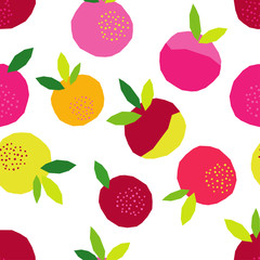 Seamless vector background with decorative colorful apples with leaves. Polygons. Summer garden. Can be used for wallpaper, textile, invitation card, wrapping, web page background.