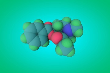 Molecular model of cocaine, a stimulant and psychoactive drug. Medical background. 3d illustration