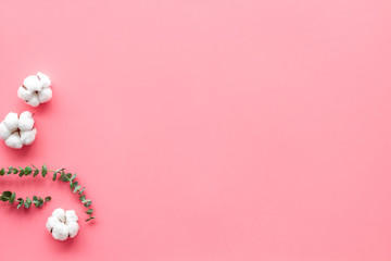 Natural flowers composition with eucalyptus branches and cotton on pink background top view, flat lay space for text