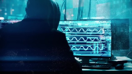 Hacker programing in technology enviroment with cyber icons and symbols. Abstract animation with unrecognizable hooded hacker hacking artificial neural network, cybersecurity concept.