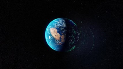 Abstract globe with connected dots wireless communication network on space. Abstract network globe with lines, dots and waves, view from space.