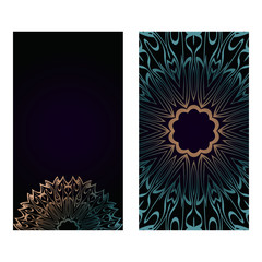 Vintage Cards With Floral Mandala Pattern. Vector Template. The Front And Rear Side. Dark green color