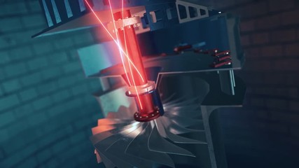 Abstract animation with engine gear wheels rotating surrounded by red, neon waves, industrial concept. Spinning mechanism with bright red lines on brickwork background.