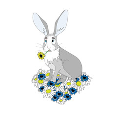 Rabbit with a flower in its mouth sitting on a heart-shaped field of flowers.