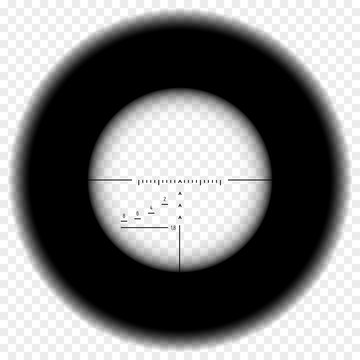 Realistic sniper scope sight. Sniper scope with measurement marks on transparent background. Black overlay in sniper scope crosshairs view. Realistic military optical sight.