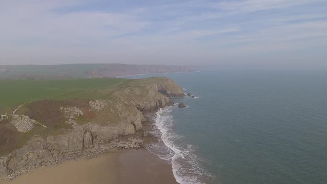 Aerial view of the stunning beach at Barafundle Bay on the Pembrokeshire coast of South Wales UK Europe