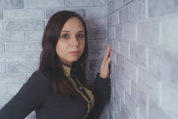 Portrait of beautiful young woman happiness standing on gray cement texture grunge wall brick background, businesswoman is a smiling on concrete, business people concept.