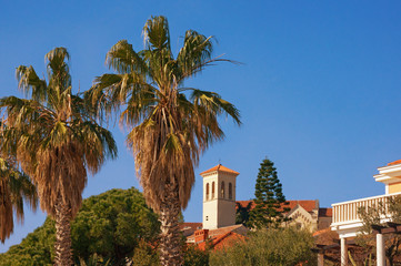 View of Old Town of Herceg Novi with Bell tower of Saint Jerome Church on sunny winter day. Montenegro