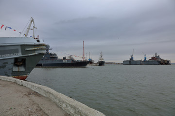 Ship in the Baltic Sea bay at the Baltiysk city embankment, Russia