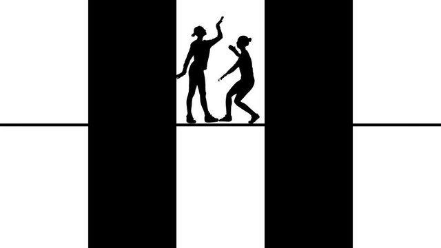 Abstract black silhouettes dancing, jumping, and moving in windows, monochrome. Black figures of people in behind windows perfomance.