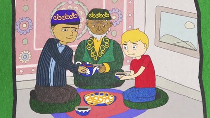 Cartoon animation with people of different nationalities and religions drinking tea, tolerance concept. Abstract men and a boy of different races sitting on the floor and drinking hot beverage.