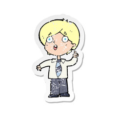retro distressed sticker of a cartoon schoolboy answering question