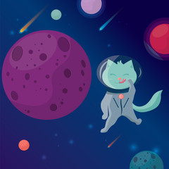 Cute and fun cat astronaut in space. Vector cartoon charters. Vector illustration, EPS 10