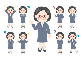 Obraz premium 中年ビジネスウーマンのポーズと表情のイラスト: 全身セット