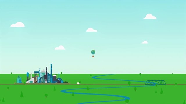 Cartoon animation landscape with blue river, green meadow and a factory on cloudy sky background. Abstract hot air balloon flying above the field in a sunny, summer day.