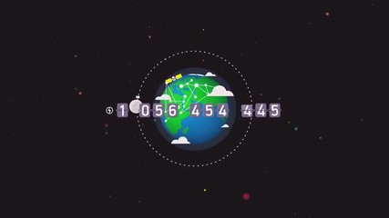 Colorful cartoon animation of moon cycle around the earth and constantly changing number on black space background. Quantitative information in front of spinning earth globe.