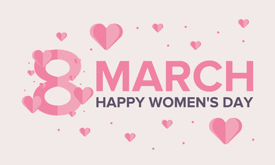 Happy Women’s Day. International holiday of female solidarity, which is celebrated on March 8. Beautiful inscription decorated with bright hearts. Poster, banner and background