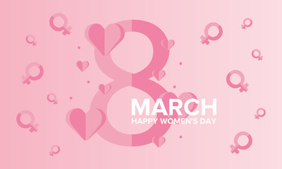 Happy Women’s Day. International holiday of female solidarity, which is celebrated on March 8. Beautiful inscription decorated with bright hearts. Poster, banner and background
