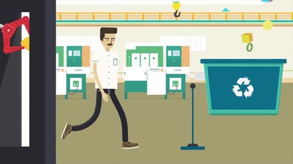 Colorful cartoon animation with a garbage recycling factory, ecology and environment concept. Worker in yellow helmet walking through the dark corridor to the waste recycling shop.