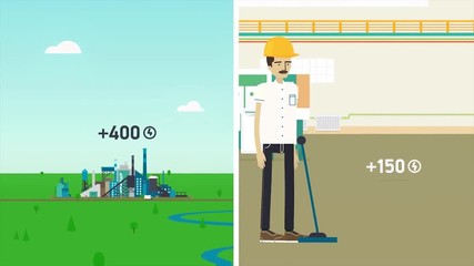 Colorful cartoon animation with a garbage recycling factory, ecology and environment concept. Worker in yellow helmet walking through the dark corridor to the waste recycling shop to pull the lever.