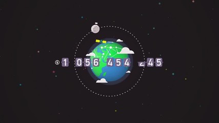 Cartoon animation of constantly changing number of people doing sports on black space background. Quantitative information in front of spinning earth globe.