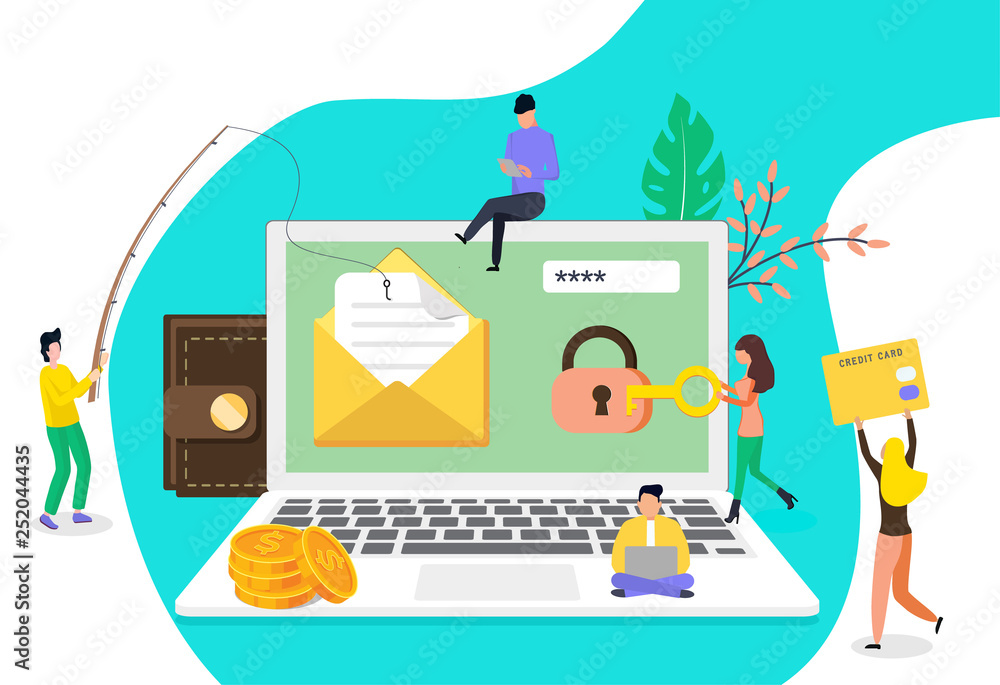Fototapete concept group of hacker stealing data and doing phising via email, vector template background isolat