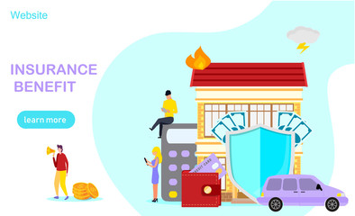 Insurance benegit, property and health insurance vector concept, agent with big umbrella cover house car and money. It can be used for landing page, template, ui, web, mobile app, poster, banner.