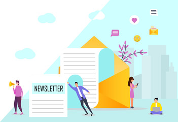 Template for social media, global message service, email subscribe vector concept, email marketing system, people use smartphone and subscribe and received newsletter.