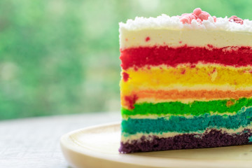 Rainbow cake placed on a wooden plate with nature green bokeh background with natural light.